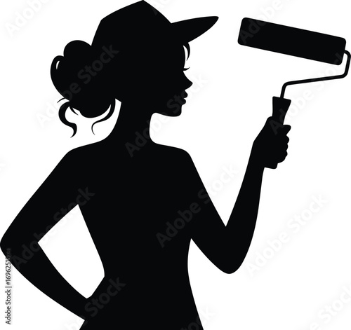 Female painter silhouette, woman holding paint roller, black and white vector, DIY concept, home renovation, artistic female character