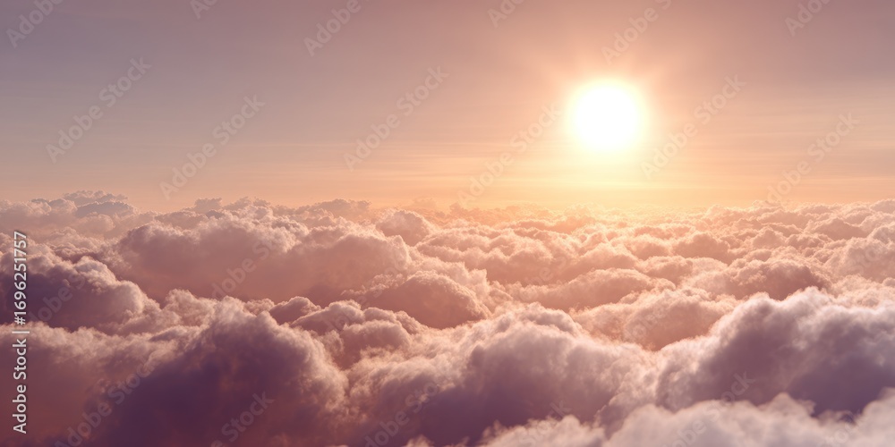 Fototapeta premium Serene sky view showcasing a warm sun shining over puffy, low-lying clouds bathed in soft, pastel light