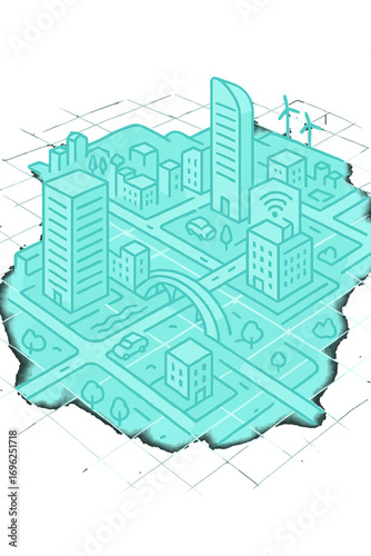Futuristic cityscape with neon glow and sustainable energy features
