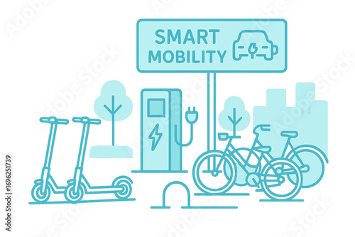Futuristic urban mobility concept: electric bicycles and scooters with charging station