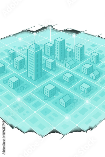 Futuristic isometric smart city design with connected technology grid