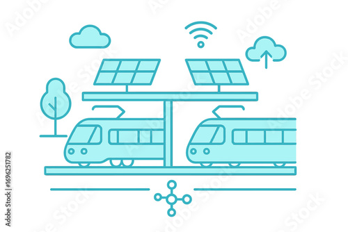 Futuristic neon style eco-friendly train station with solar panels and wireless connectivity