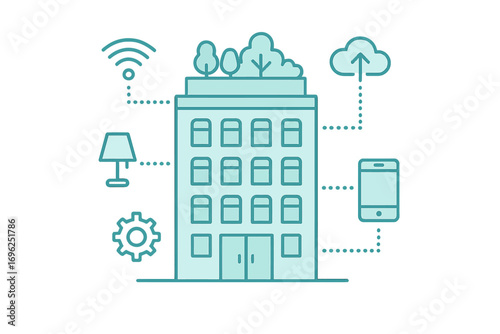 Smart building technology integration with connected devices in neon glow design