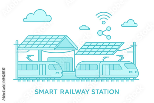 Smart railway station with solar panels and digital connectivity in neon style