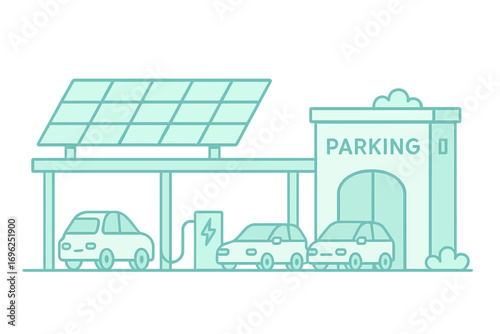 Neon electric car charging station with solar panels and parking area