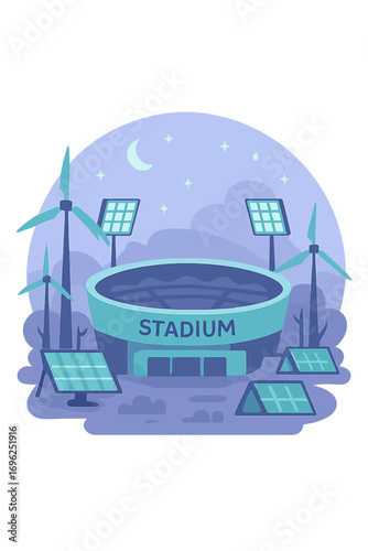 Futuristic eco stadium with solar panels and wind turbines under a night sky