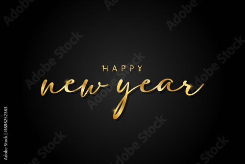 gold, happy new year hand-drawn, handwritten lettering on black background. calligraphy, typography, design vector illustration.