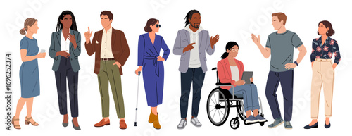 Diverse people communicating, including business professionals, casual outfits, and individuals with disabilities, Flat vector illustration isolated on transparent background