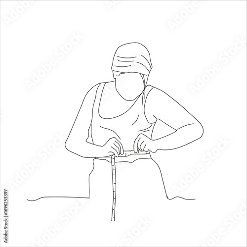 woman measuring her stomach. a fat woman ties her stomach with a measuring tape standing on a scale. 