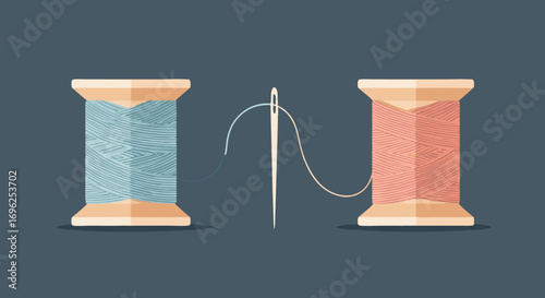 Two colorful spools of thread one blue and one pink connected by a single sewing needle.