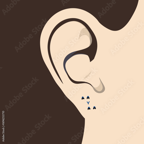 Vector illustration of a human ear with a constellation of small blue stud piercings on the lobe.