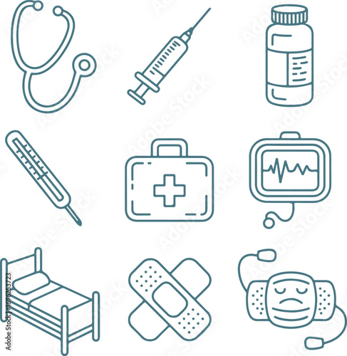 Medical Outline Icons Healthcare, First Aid, and Hospital Equipment Collection