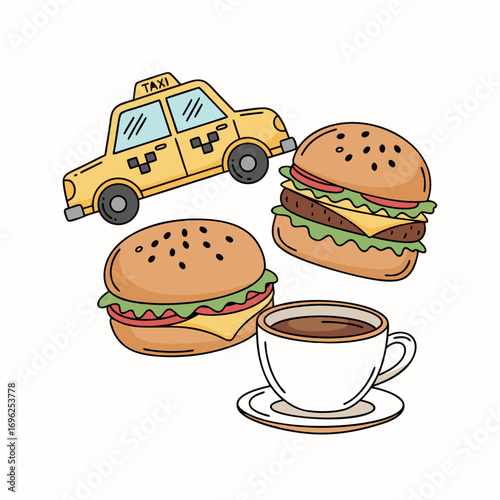 Vibrant doodlestyle illustration set featuring a yellow taxi two cheeseburgers and a cup of coffee.