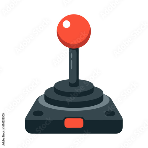 Vintage arcade joystick with a red balltop handle and single button flat vector icon style.