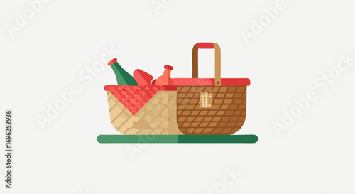 Woven wicker picnic basket with a red handle checkered napkin and bottles of wine illustrated in a flat style.