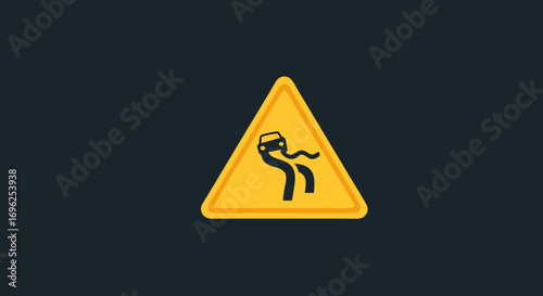 Yellow triangular warning sign with a black skidding car icon indicating a slippery road surface.