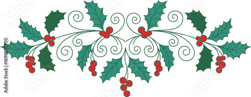 Festive Holly Berry Vine with Swirls on White Background, Holiday Design Element