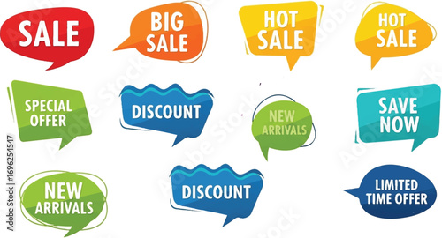 The image contains a variety of colorful promotional tags or labels typically used in advertising or marketing. Here's a breakdown of the messages shown on each tag