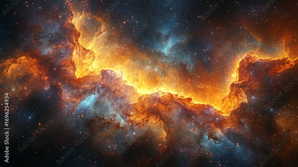 Fototapeta premium Fiery cosmic nebula with swirling orange and blue gases, scattered stars