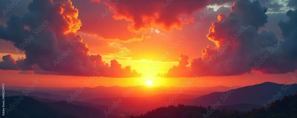 Fototapeta premium Spectacular sunset with vibrant sun rays bursting through the clouds, painting the sky with fiery oranges, reds, and yellows A breathtaking natural landscape scene , red, light rays, serene