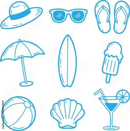 Summer Essentials Beach Gear, Vacation Fun, and Holiday Icons in Blue Outline