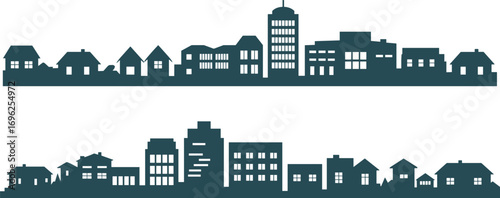 Modern suburban and urban cityscape silhouette, residential homes and buildings, architecture skyline vector, real estate development, housing and community design