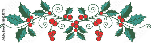 Holly Berry & Leaf Ornament Border with Swirls on White Background