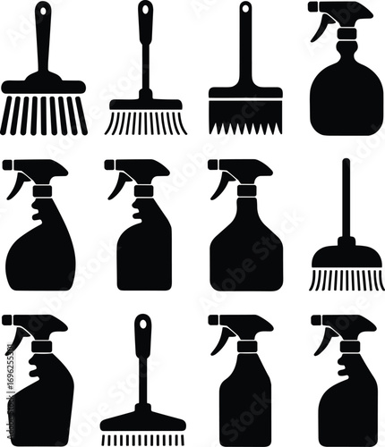 Silhouette cleaning tools, spray bottles, brushes, mop heads, household cleaning equipment, black vector icons, janitorial supplies, cleaning essentials