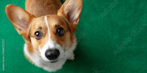 Cute Corgi Looking Up Against Teal Background
