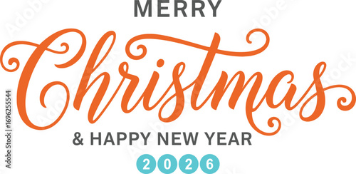 Merry Christmas and Happy New Year 2026 Text Design in Orange Calligraphy Style