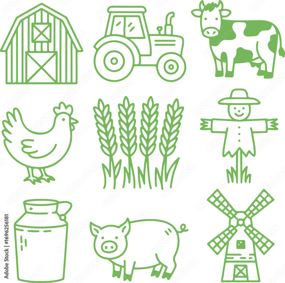Fototapeta premium Farm Life Icons Agriculture, Livestock and Rural Elements in a Green Outline