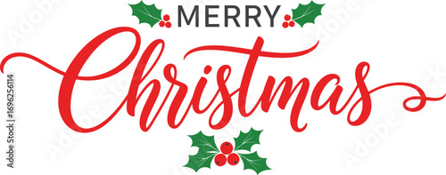 Merry Christmas Script Text with Holly Leaves and Red Berries on White Background