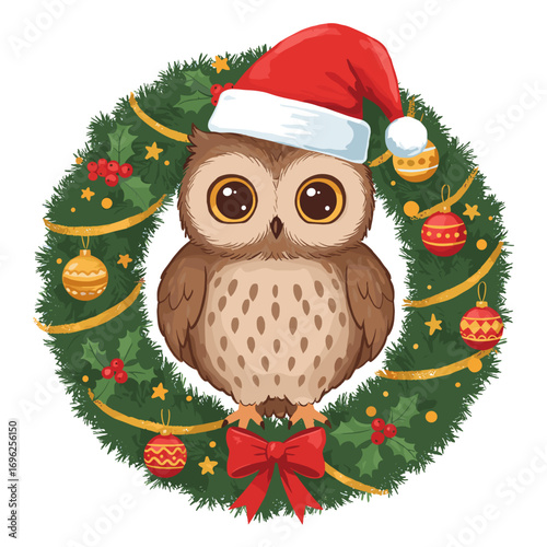 Cute owl wearing Santa hat surrounded by Christmas wreath   for holiday decorations and Christmas greeting cards design