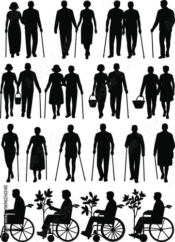 Silhouettes of elderly people, seniors with walking sticks, elderly with wheelchairs, aged men and women, disability support, health care, mobility assistance, aging, isolated vector illustration.