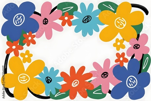 Colorful floral frame with a black border and a white background perfect for invitations