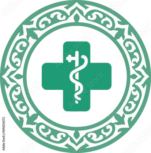 Green medical cross and caduceus symbol encased in a decorative circular emblem, ideal for professional healthcare, wellness, and pharmaceutical branding