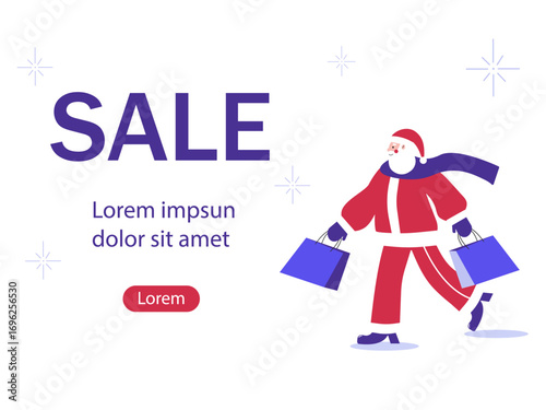 Happy Santa Claus walking with bags after shopping. Christmas holidays sale web banner, poster, flyer, xmas design template for ads promo. Vector illustration