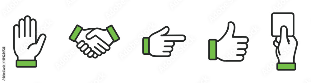 Fototapeta premium Five different hand gestures, each with a unique meaning. The first hand has a thumbs up sign, which typically represents approval or agreement. The second hand has a thumbs down sign