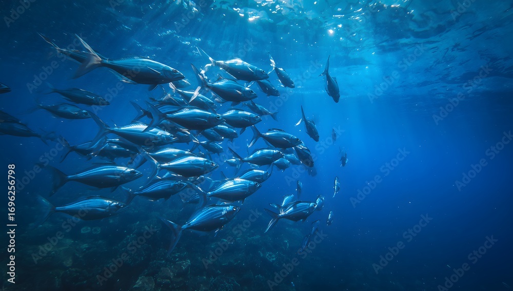 Obraz premium A large school of shimmering silver fish swims together in the deep blue ocean water with sunlight filtering down from above