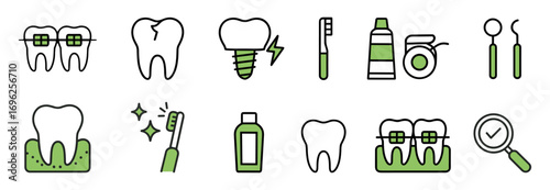 A set of dental tools and supplies, including a toothbrush, toothpaste, and dental floss