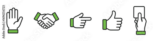 Five different hand gestures, each with a unique meaning. The first hand has a thumbs up sign, which typically represents approval or agreement. The second hand has a thumbs down sign