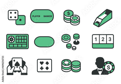 Set of icons for a casino game. The icons include a deck of cards, a player banker, a player, a player, a player, a player, a player, a player, a player, and a player