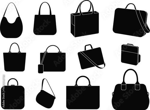 Black handbag and briefcase silhouettes collection, fashion accessories, different purse styles, business bags, tote bags, shoulder bags, stylish carryall, vector icons set.