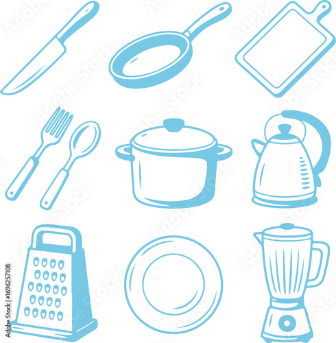 Kitchen Utensils Collection Culinary Tools for Food Preparation in Blue Outline