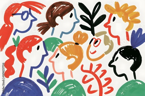 Colorful illustration of diverse people and plants in a modern abstract style design art work