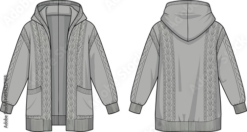 Hooded cardigan sweater with detailed cable knit pattern, long sleeve open front design, cozy winter fashion, warm garment, front and back view illustration, casual knitwear.