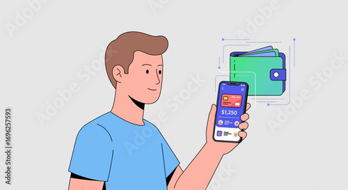 Man using mobile banking app for digital financial management, showcasing secure online payments and convenient budget tracking through a smartphone interface