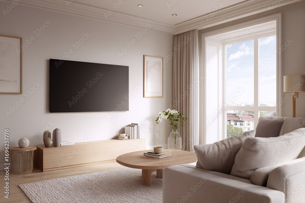 Fototapeta premium Minimalist Living Room with Neutral Tones and Natural Light