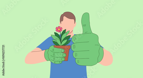 Gardener with Thumbs Up Happy Man Holding a Flower Pot, Gardening Success Illustration