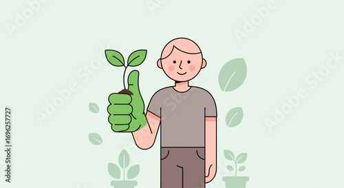 Happy gardener holding a small plant with soil, giving a thumbs-up, symbolizing growth, successful planting, and a positive approach to nature and sustainability